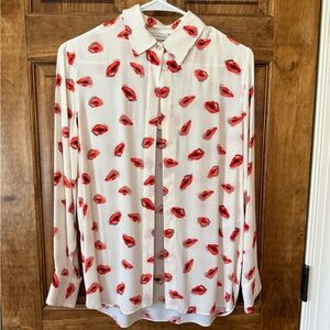 Zara Cream Button-Down Shirt with Red Lip Print